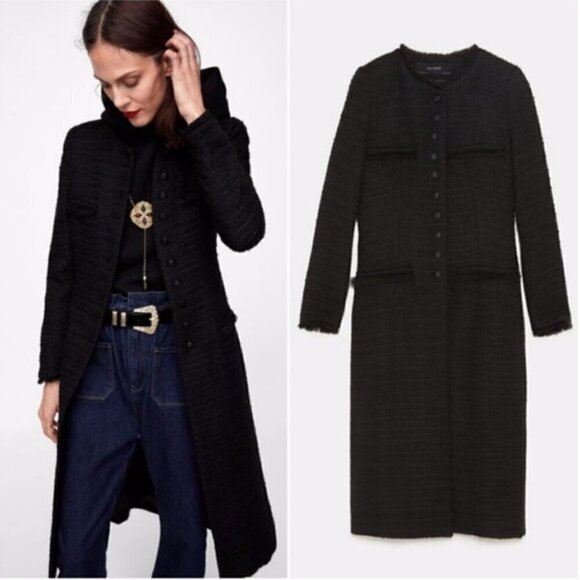 ZARA Tweed Military Button Down Jacket Black size S - Picture 1 of 9